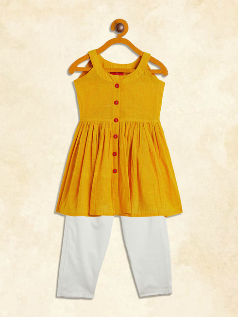 Girl's Mustard Striped Handloom Kurta With Cream Pyjama Set